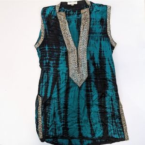 Vintage Maharani Sleeveless Sequin Tie Dye Satin Blouse Teal Boho Desi Coastal